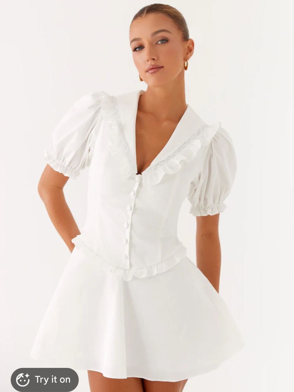 Peppermayo White Puff Sleeve Ruffle Mini Dress